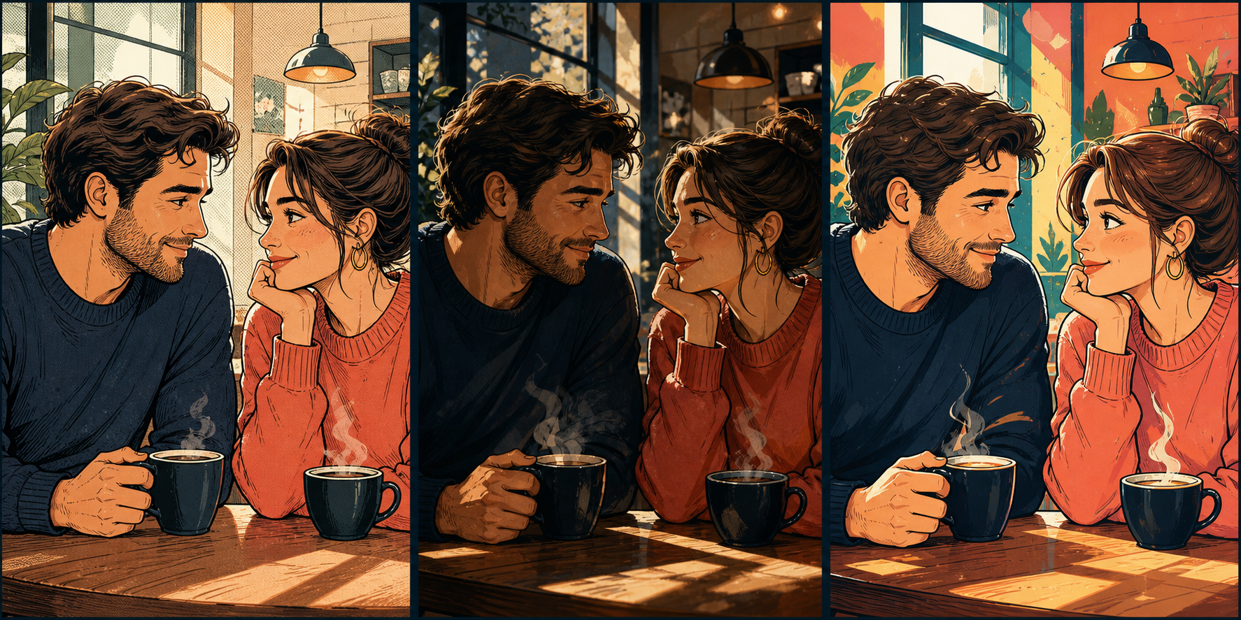 La misma pareja ilustrada en estilo editorial, cinematográfico y colorido